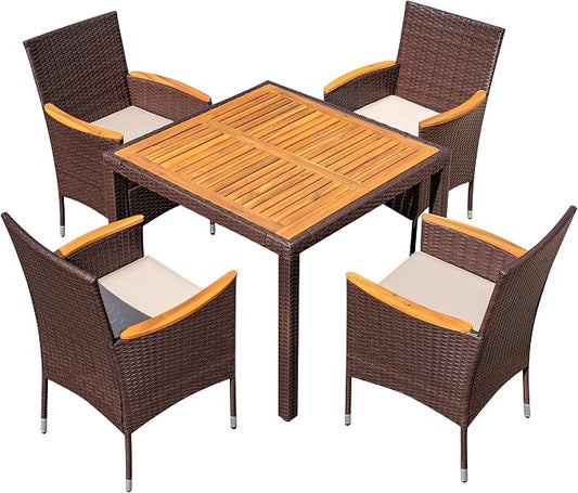 GUNJI 5 PCS Patio Table and Chairs Sets Small Outdoor Dining Set for 4 (Brown)