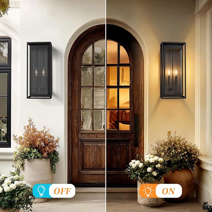 24" Outdoor Wall Lights, 2 Pack Large Size Matte Black Outdoor Sconce Lights with Clear Glass Shade, Waterproof Porch Lighting Exterior Light Fixture for Front Door, Garage