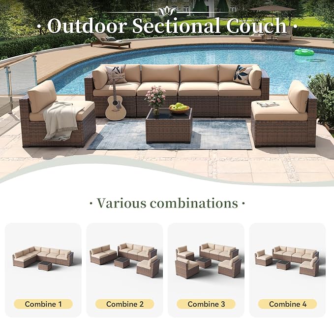 Aoxun 7 Piece Patio Furniture Set Wicker Rattan Patio Conversation Set Outdoor Sectional Sofa Set with Coffee Table and Thickened Cushions, Beige
