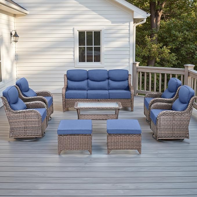 Rilyson Wicker Outdoor Patio Furniture Set - 8 Piece Patio Conversation Sets with Swivel Rocker Chairs, Ottomans, Sofa and Table, 6 inch Cushions, Deep Seating, for Porch Deck Brown/Blue