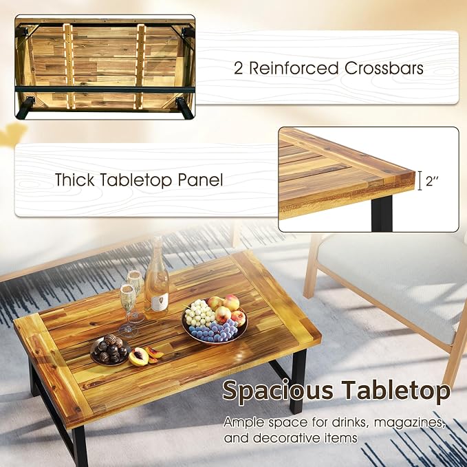 Tangkula Outdoor Acacia Wood Coffee Table, Rectangle Rustic Accent Table with Thickened Top & Heavy-Duty Metal Legs, for Patio, Deck, Garden, Natural
