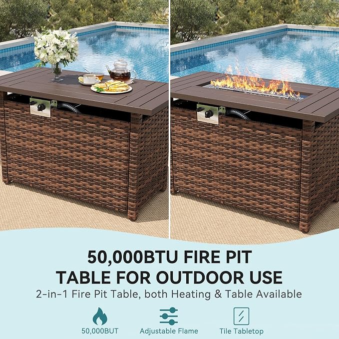 LazySunsets 12 Piece Outdoor Patio Furniture Set with 44'' Fire Pit Table, Wicker Rattan Outdoor Furniture with High Back Swivel Rocker Chairs, Outdoor Sofa Set with Thick Cushion & Ottoman, Navy Blue