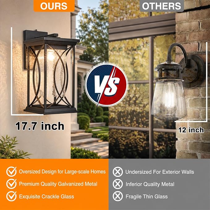 18" Extra Large Outdoor Sconce with photocell Sensor Coach Lantern Modern Large Exterior Light Fixture Waterproof Black Metal with Crack-Like Glass Dusk to Dawn Mission Outside Proch Light
