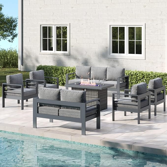 7 Pieces Aluminum Outdoor Patio Furniture Set with Fire Pit Table, Modern Metal Conversation Sofa Set with Deep Seating