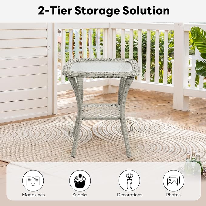 Belord Small Outdoor Side Table - Tempered Glass Wicker Table, Waterproof Patio Coffee Table Rattan End Table with Storage, Light Gray