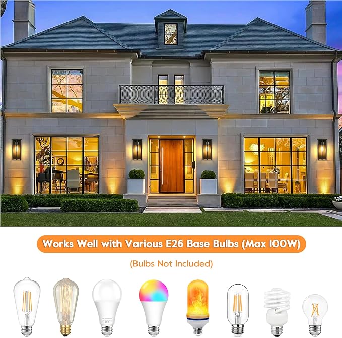 Outdoor Wall Light Fixtures, Modern Black Porch Wall Lights | Waterproof Construction & Durable Metal, Rust-Resistant, Quick & Easy Installation, Clear Glass Shades & Standard E26 Socket