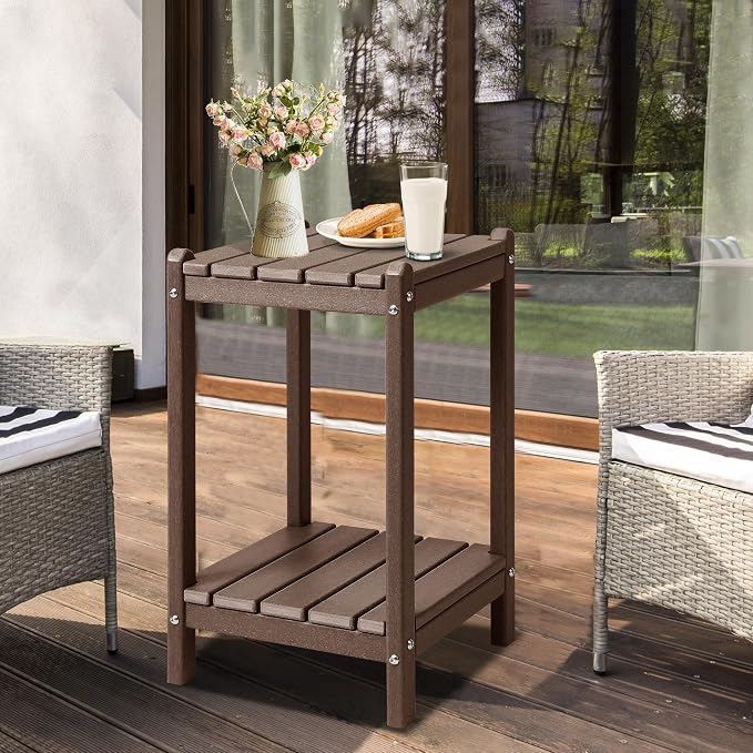 LZRS 24" Double Adirondack Outdoor Side Table, Pool Composite Patio Table,HDPE End Tables for Backyard,Pool, Indoor Companion, Easy Maintenance & Weather Resistant(Brown)