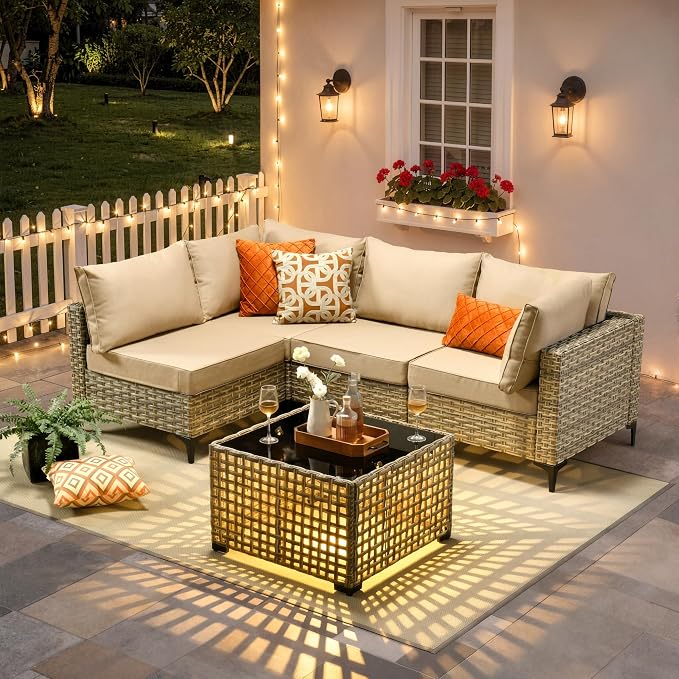 5 Piece Outdoor Sectional Patio Furniture Set with Solar Lighted Coffee Table, Modular Wicker Conversation Set with Flexible L-Shaped Layout for Porch Balcony Backyard, Beige