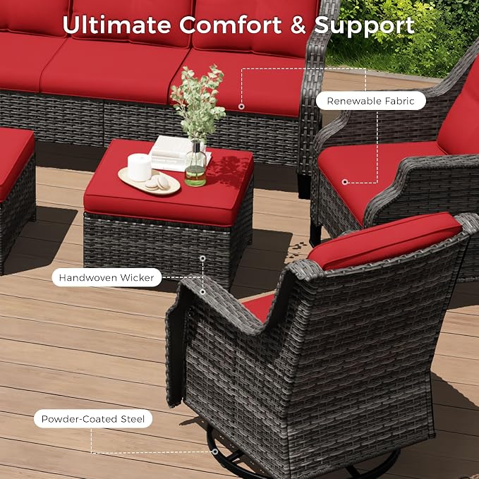 Outdoor Patio Furniture Set, 6 Piece Wicker Patio Furniture with Thick Cushions, Curved Armrest, Deep Seating, Rattan Outdoor Chairs for Porch, Deck, Balcony