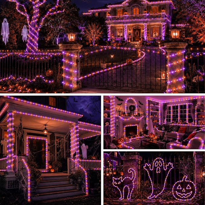 Halloween Decoration Solar Rope Lights 66FT 200LED 1800mAh -Purple & Orange | Type C & Solar, With Remote, Waterproof, Timing, 8 Modes, for Halloween Party Autumn Christmas Decoration
