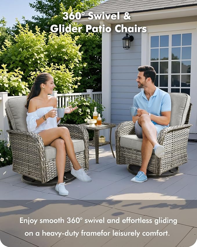 CAODOC 8-Piece Wicker Patio Furniture Set, All-Weather Rattan Conversation Bistro Loveseat Chair and Patio Rockers Set for Backyard, Balcony and Deck with Soft Cushions and Metal Table(Dark Gray)