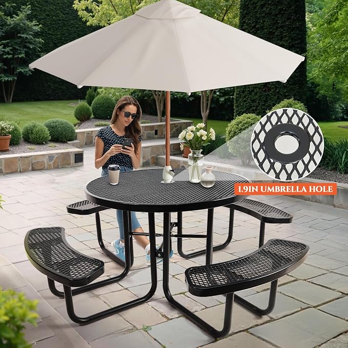 46IN Circle Metal Picnic Table Set with Umbrella Hole and Benches for Outdoor, Expanded Heavy Duty Metal Commercial Grade Patio Dining Furniture for Yard Patio Lawn Party Coffee, Black