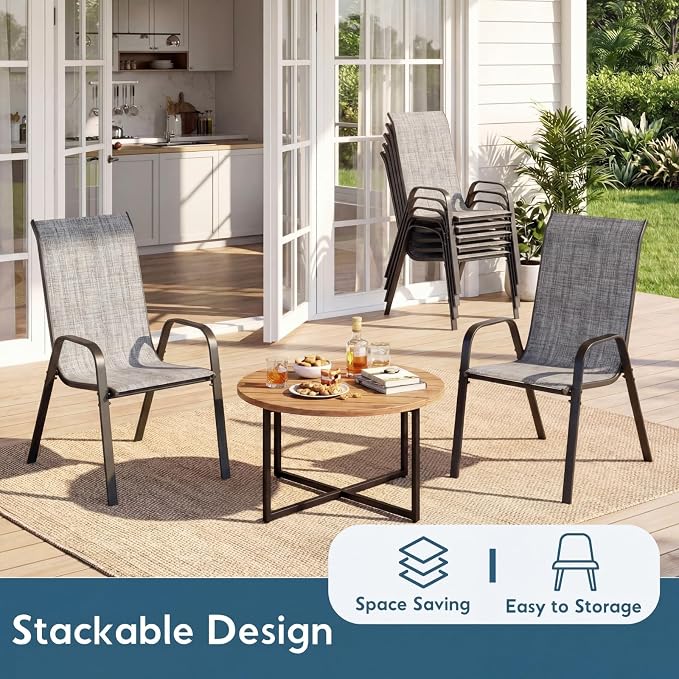 Arlopu 7-Piece Outdoor Table and Chairs for 6, Outdoor Dining Set W/Rectangle Glass Table and Patio Textilene Stackable Chairs, Patio Furniture Set W/Umbrella Hole (Grey Table & Grey Chair)