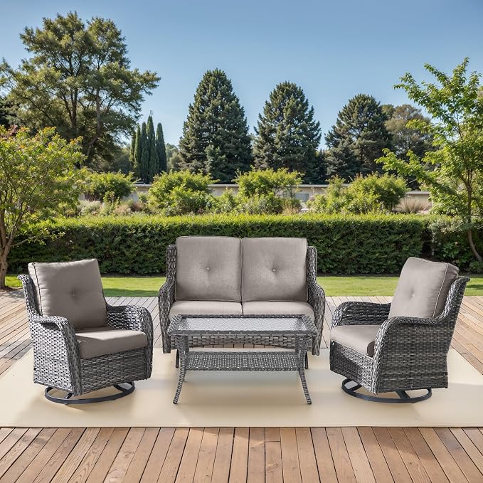 Patio Loveseat Glider Set, Resin Wicker Loveseat Glider with 2 Swivel Patio Chiars and Coffee Table, 4 Piece Patio Bistro Set Furniture Set Loveseat Set, Grey Wicker | Grey Cushions