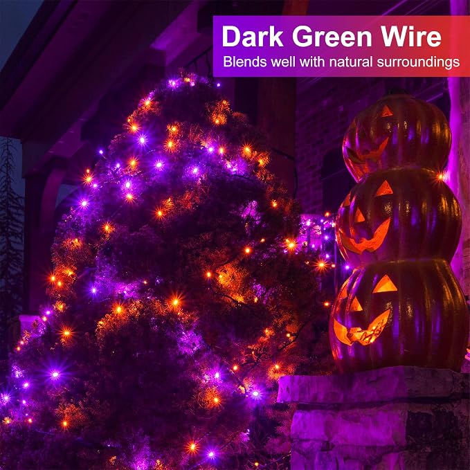 2 Pack Halloween Lights, Total 200FT 600 LED Outdoor String Lights | Orange and Purple, 8 Modes Waterproof Plug in Halloween Decorations for Outside Indoor House Patio Garden Party Holiday