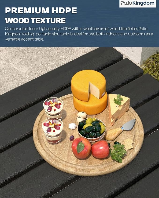 Outdoor Folding Side Table, Lightweight & Space-Saving Design, All-Weather HDPE Material, Realistic Wood-Grain Finish (Black,1 Table)