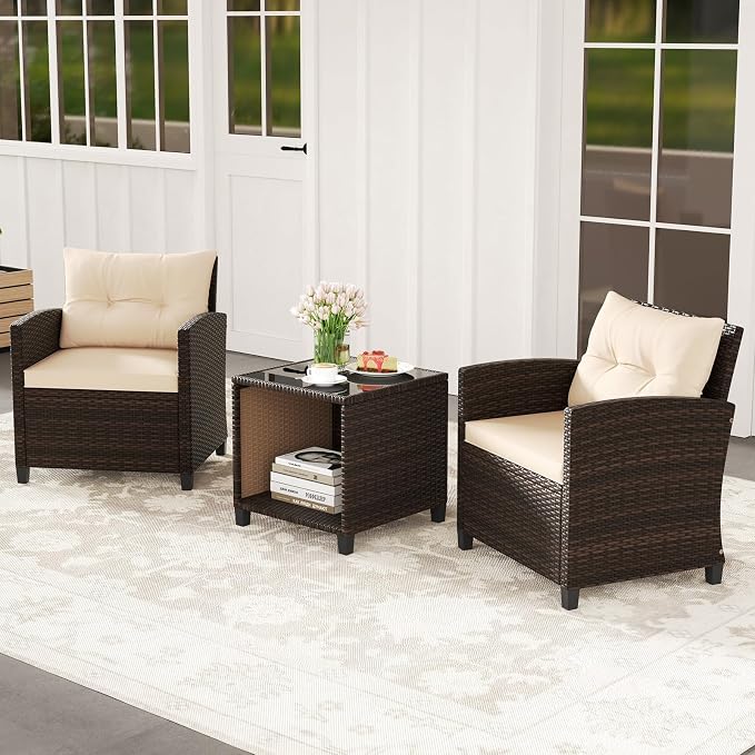 HAPPYGRILL 3 Pieces Patio Conversation Set, Outdoor Rattan Wicker Chairs & Coffee Table Set w/Cushions & Tempered Glass Tabletop, Porch Sofa Set for Backyard, Poolside