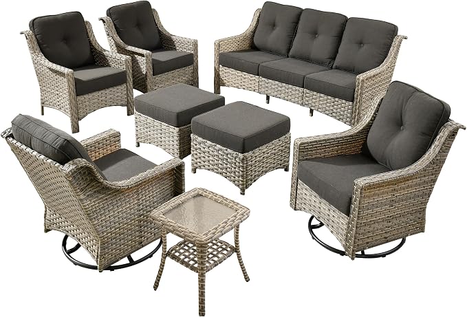 8 PCS Outdoor Patio Furniture Sets,Patio Conversation Sets Outside Rattan Soft Cushion Sofa with 2 Wicker Rocking Chairs Soft Cushion Fit Backyard Porch Garden Poolside Balcony,Black