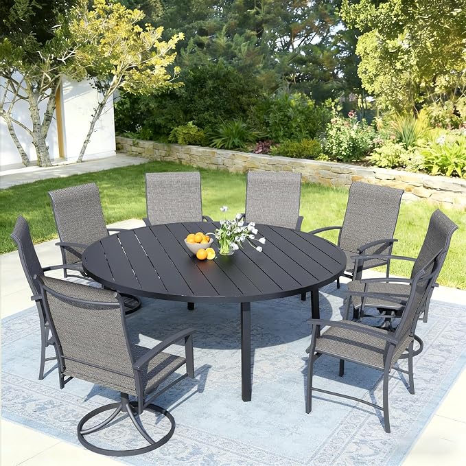 7 Piece Outdoor Dining Set, 47" Black Round Outdoor Dining Table with 2 Grey Swivel Outdoor Dining Chairs and 4 Fixed Patio Table and Chair Set of 6 for Lawn, Garden, or Porch