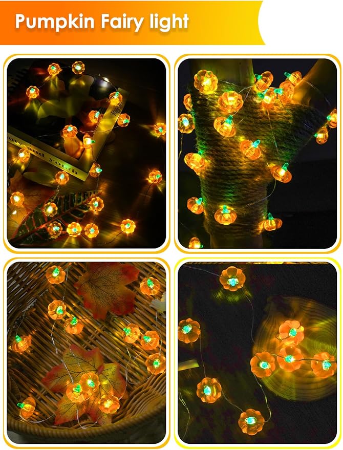 2 Pack 30LED Pumpkin Fall Decorations String Lights Battery Operated Remote | 20FT, 3D Pumpkin Fairy Twinkle Lights with Timer, 8 Modes, Waterproof Outdoor Autumn Harvest, Thanksgiving, Halloween Decor