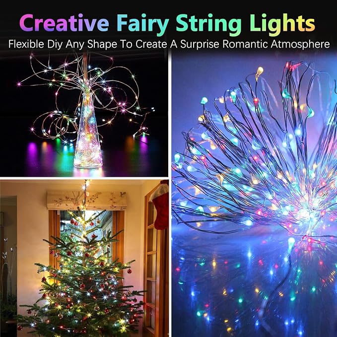 2 Pack 200 LED Fairy Lights Battery Operated with Remote, 66 FT Multicolor | Cuttable, 8 Modes, Memory, Dimmable, Waterproof Battery String Lights with Timer for Indoor Outdoor, Christmas Decorations