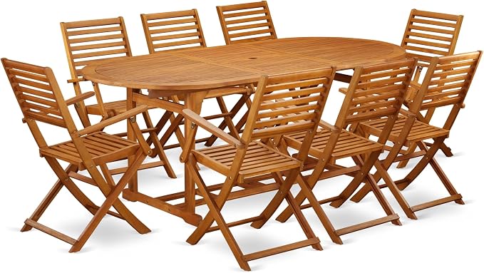 East West Furniture BSBS9CANA 9 Piece Patio Bistro Dining Furniture Set Includes an Oval Outdoor Acacia Wood Table and 8 Folding Arm Chairs, 36x78 Inch, Natural Oil