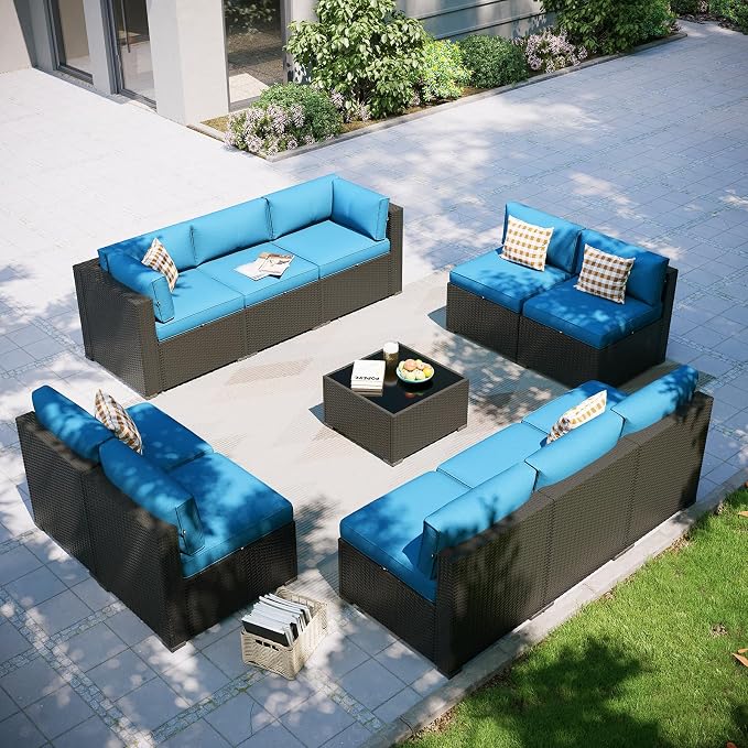 Aoxun Patio Furniture Set, 11 Piece Outdoor Sectional Sofas with Waterprool Cover, 10 Seats Wicker Rattan Outdoor Furniture Patio Conversation Set for Backyard, Garden Peacock Blue