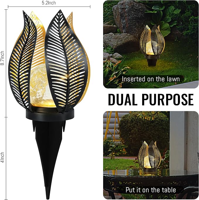 Solar Garden Lights Waterproof Decorations,Crackle Globe Glass,Metal Palm Leaf Solar Lights for Outdoor Decor On Garden,Patio,Yard,Front Porch,Tabletop Lamp-Perfect Gifts
