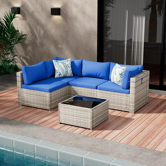 Tradare 5 Piece Patio Furniture Set, Outdoor Wicker Patio Sofa Set, PE Rattan Sectional Couch with Glass Table and Blue Cushions, All-Weather 5 Piece Outdoor Patio Furniture Sets, Grey