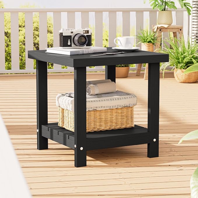 2-Tier HDPE Outdoor Square Side Table, Heavy-Duty Patio Side Table with Storage Shelf, Weather-Resistant Adirondack End Tables for Backyard, Pool, Porch, Garden, Lawn, Black