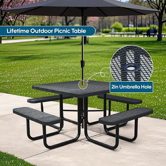 46Inch Square Picnic Table for 8 Person, Outdoor Heavy Duty Sturdy Picnic Tables with 4 Benches & Umbrella Hole, Commercial Metal Patio Picnic Table for Garden, BBQ, Coffee Store, Party, Porch (Black)