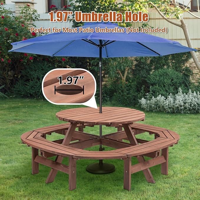 10-12 Person Round Outdoor Table and Chairs for Patio, Backyard, Wooden Garden Picnic Table with Ring Benches