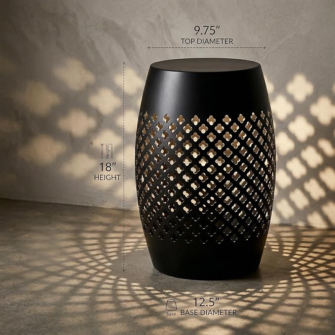 12.5" Metal Outdoor Side Table, Round Hollow Drum Patio End Table with Lattice Pattern, Modern Steel Accent Table for Garden, Balcony, Poolside and Indoor, No Assembly, Black, 18" H