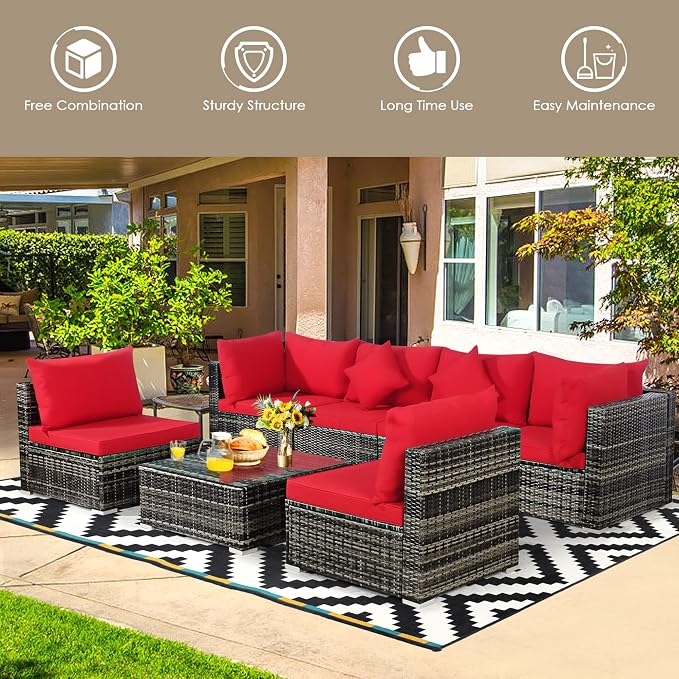 DORTALA 7Pieces PE Rattan Patio Furniture Set, All-Weather Wicker Conversation Set W/Soft Cushions & Pillows, Functional Coffee Table, Outdoor Sectional Sofa Set for Balcony, Poolside, Backyard, Red