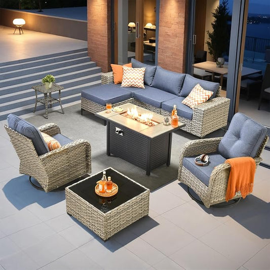 Outdoor Sectional Patio Furniture Set with Fire Pit Table,8 Pieces Wicker Conversation Sets L Shaped Couch,Extra Deep Out Door Sofa Outside Furniture with Swivel Chairs,Blue