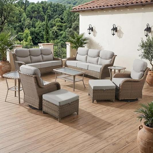 Luxury 6" Thick Cushion 9 Pieces Wicker Patio Furniture Set with High Back Swivel Rocker Chairs, Outdoor Conversation Set with Patio Couch for Deck Porch Yard and Poolside