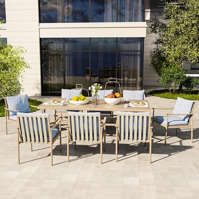 HAPPATIO 9-Piece Patio Table and Chairs Set for 8, Aluminum Outdoor Dining Set with Cushions, 8 Dining Chairs, 1 Large Rectangular Table with Umbrella Hole for Lawn, Porch, Backyard, Brown