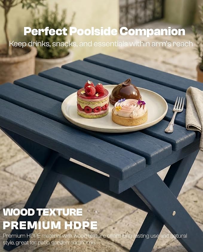Outdoor Folding Side Table,HDPE Material, Portable Space-Saving Design, Weather-Ready with Authentic Wood-Grain Feel (Navy Blue, 1 Table)