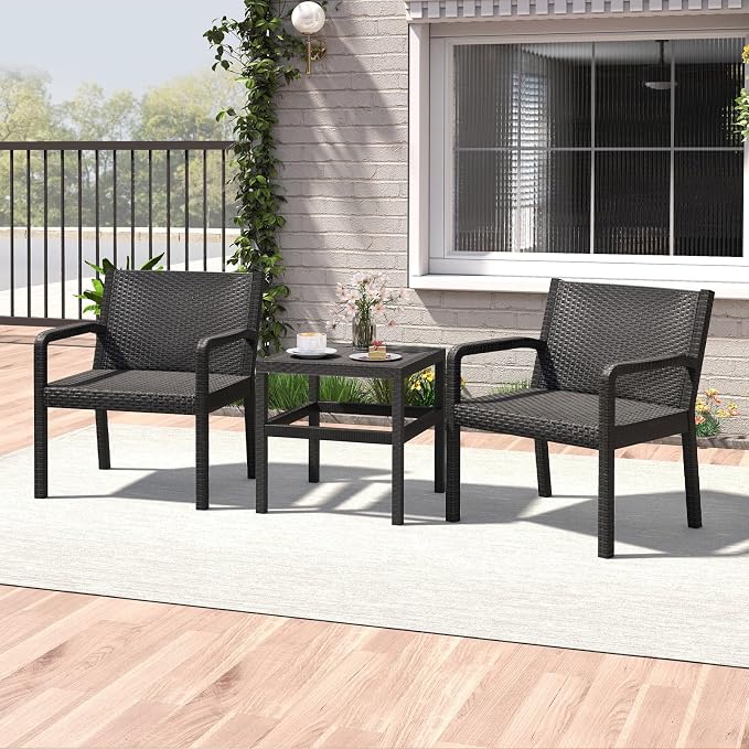 Tangkula 3 Piece Patio Furniture Set, Outdoor Wikcer Conversation Set with 2 Rattan Armchair & 25" Square Side Table, for Patio, Garden, Poolside, Bistro (Black)