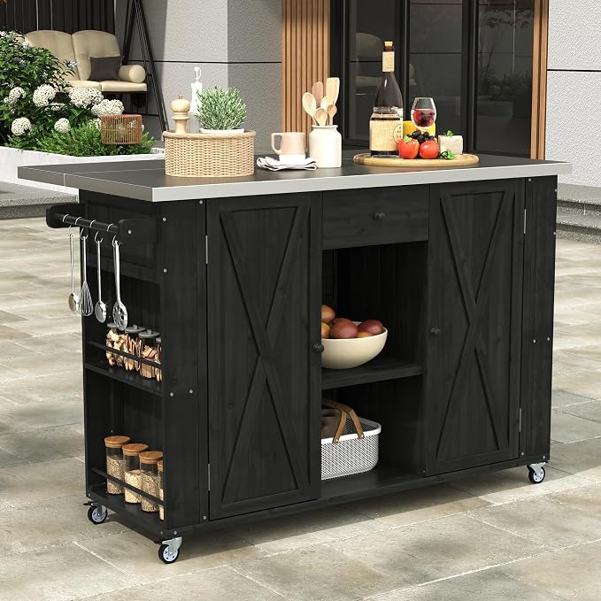 Outdoor Kitchen Island Fir Wood Kitchen Island with Stainless Steel Top,Ample Storage Space, Towel and Spice Racks and a Bottle Opener for Outdoor (Black@53)