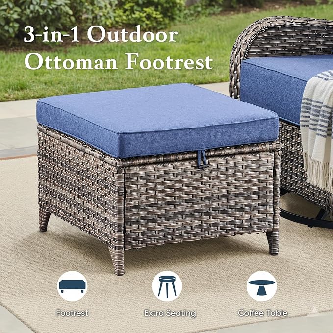 Belord Luxury 6" Thick Cushioned 5 Pieces Patio Furniture Set with 2 Ottomans, Wicker Outdoor Conversation Set with High Back Swivel Rocker Patio Chairs for Deck Porch Yard and Poolside - Grey+Blue