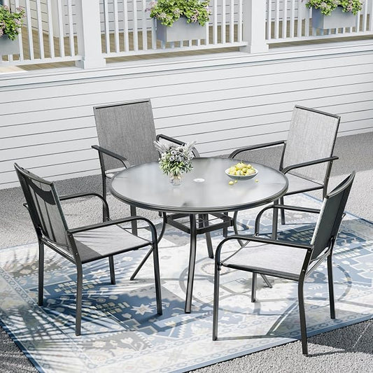 Outdoor Patio Set, 40" Round Glass Dining Table and 4pcs Stackable Chairs, All-Weather Patio Furniture Set with 1.7" Umbrella Hole for Garden Backyard Lawn Poolside