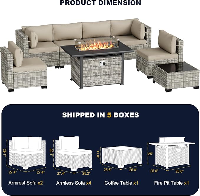 8-Piece Outdoor Patio Furniture Set with 55,000 BTU Fire Pit Table, PE Wicker Rattan Sectional Sofa Conversation Set - All-Weather Garden, Backyard Furniture, Beige