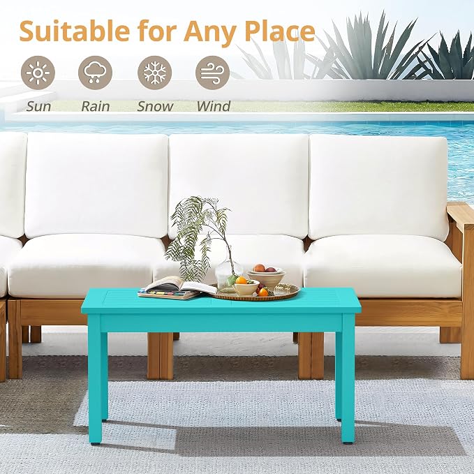 LUE BONA Outdoor Coffee Table Rectangle, 42.5" HDPS Patio Coffee Tables for Outside, All Weather Patio Coffee Table with Slatted Tabletop for Deck, Garden, Balcony, Indoor or Outdoor Use, Aruba Blue