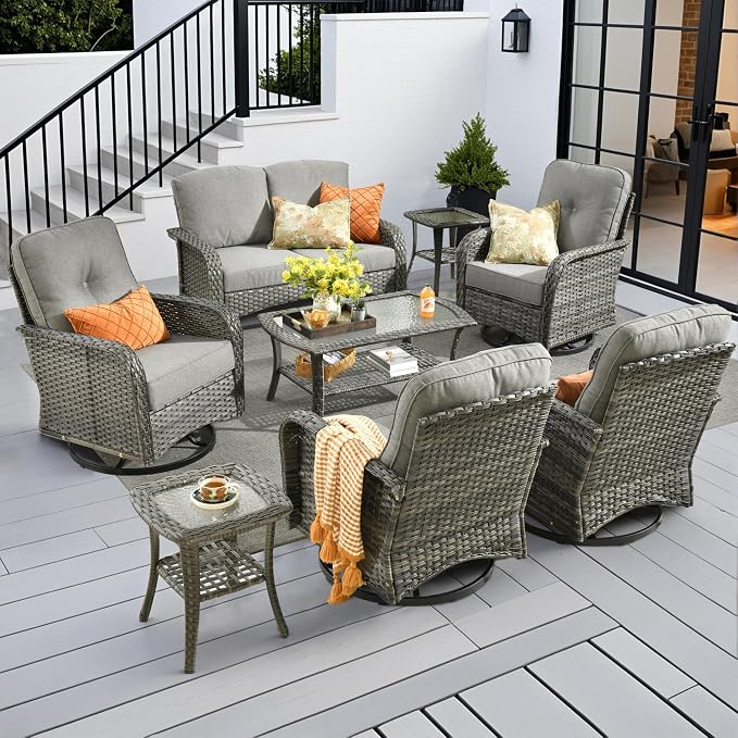 CAODOC 8-Piece Wicker Patio Furniture Set, All-Weather Rattan Conversation Bistro Loveseat Chair and Patio Rockers Set for Backyard, Balcony and Deck with Soft Cushions and Metal Table(Dark Gray)