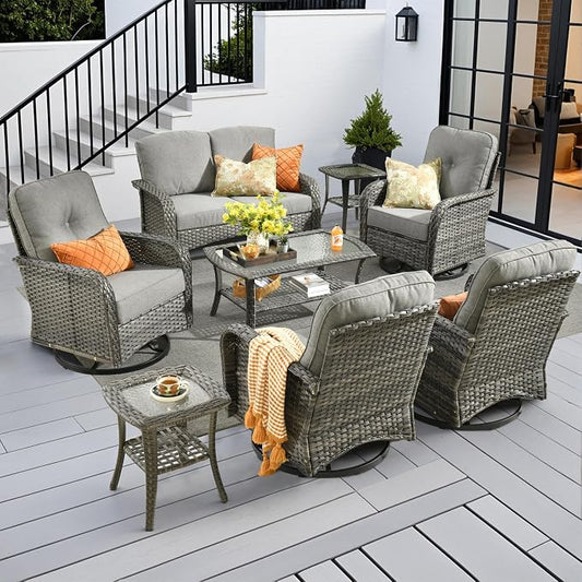CAODOC 8-Piece Wicker Patio Furniture Set, All-Weather Rattan Conversation Bistro Loveseat Chair and Patio Rockers Set for Backyard, Balcony and Deck with Soft Cushions and Metal Table(Dark Gray)