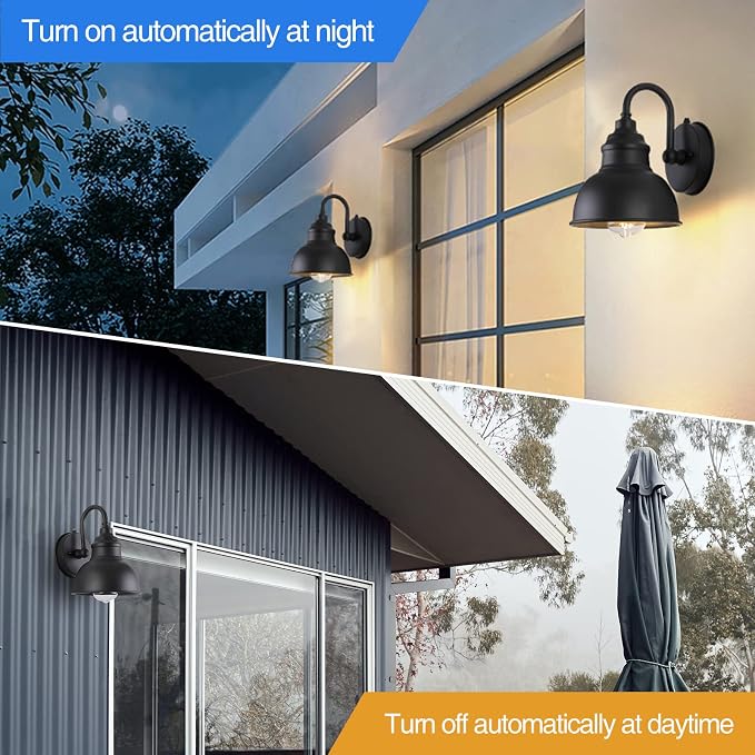 Barn Light Gooseneck Light- Dusk to Dawn Farmhouse Outdoor Lighting, 1-Light Outdoor Gooseneck Lighting with Sensor Farmhouse Wall Sconce for Patio Porch Garage (7.08" Diameter, 1pc) | Black, 1-Light Outdoor Gooseneck Lighting, With Sensor, Farmhouse W...