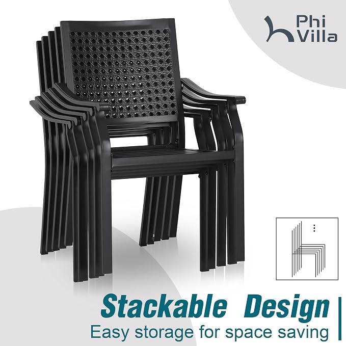 PHI VILLA Outdoor Table Chairs Set w/Umbrella, 5pc Patio Metal Furniture | 37" wrought iron square table w/ polywood top & stackable chairs for 4. 10ft red umbrella. Dining set for deck, porch