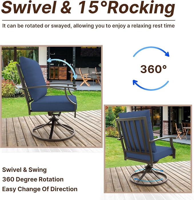 Gotland 7 Piece Outdoor Dining Set, Metal Outdoor Table and Swivel Chairs with X-Shaped Legs 1.5" Umbrella Hole, Patio Furniture Set with Waterproof Cushions, Patio Dining Sets for Backyard Deck Navy