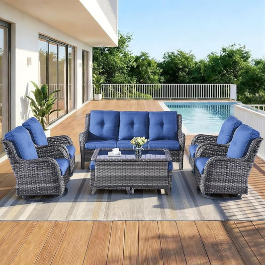 8 Piece High Back Wicker Patio Furniture Set - Patio Conversation Set with 4 Inch Thick Cushions and Deep Seating Swivel Glider Chairs Set of 4 & Outdoor Couch for Porch Deck Yard Pool